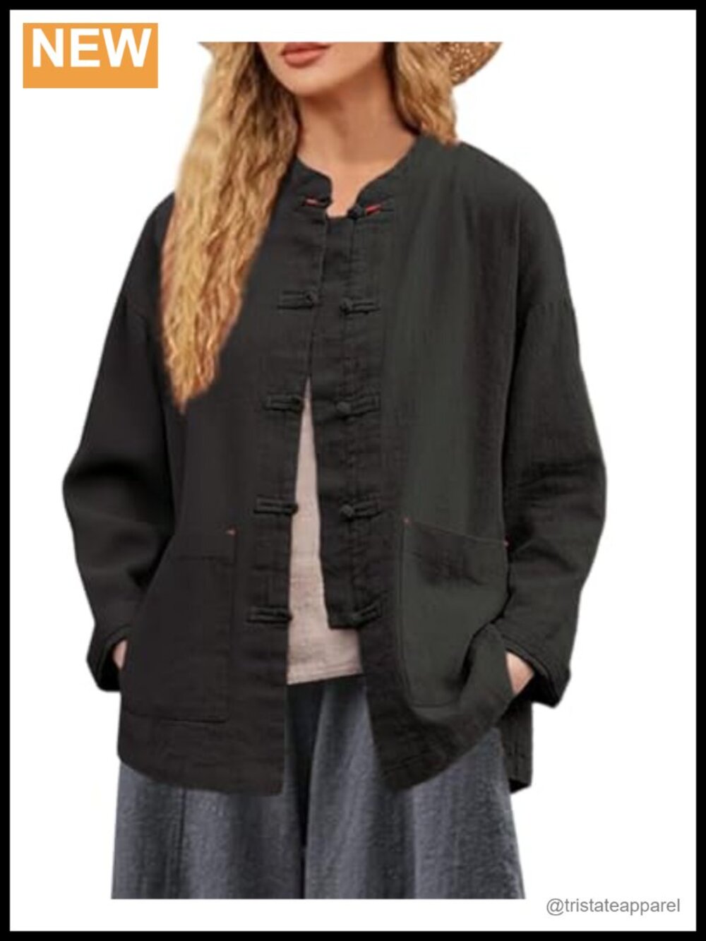 Linen Cotton Shirt Jacket Mandarin Collar Frog Buttons Women's Casual Long